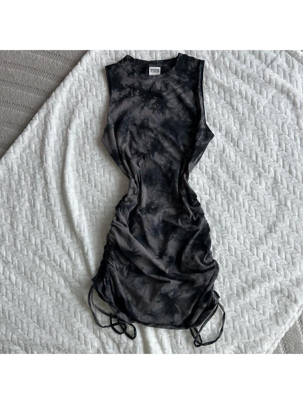 Victoria's Secret PINK black & gray tie-dye mini dress with ruching and tie